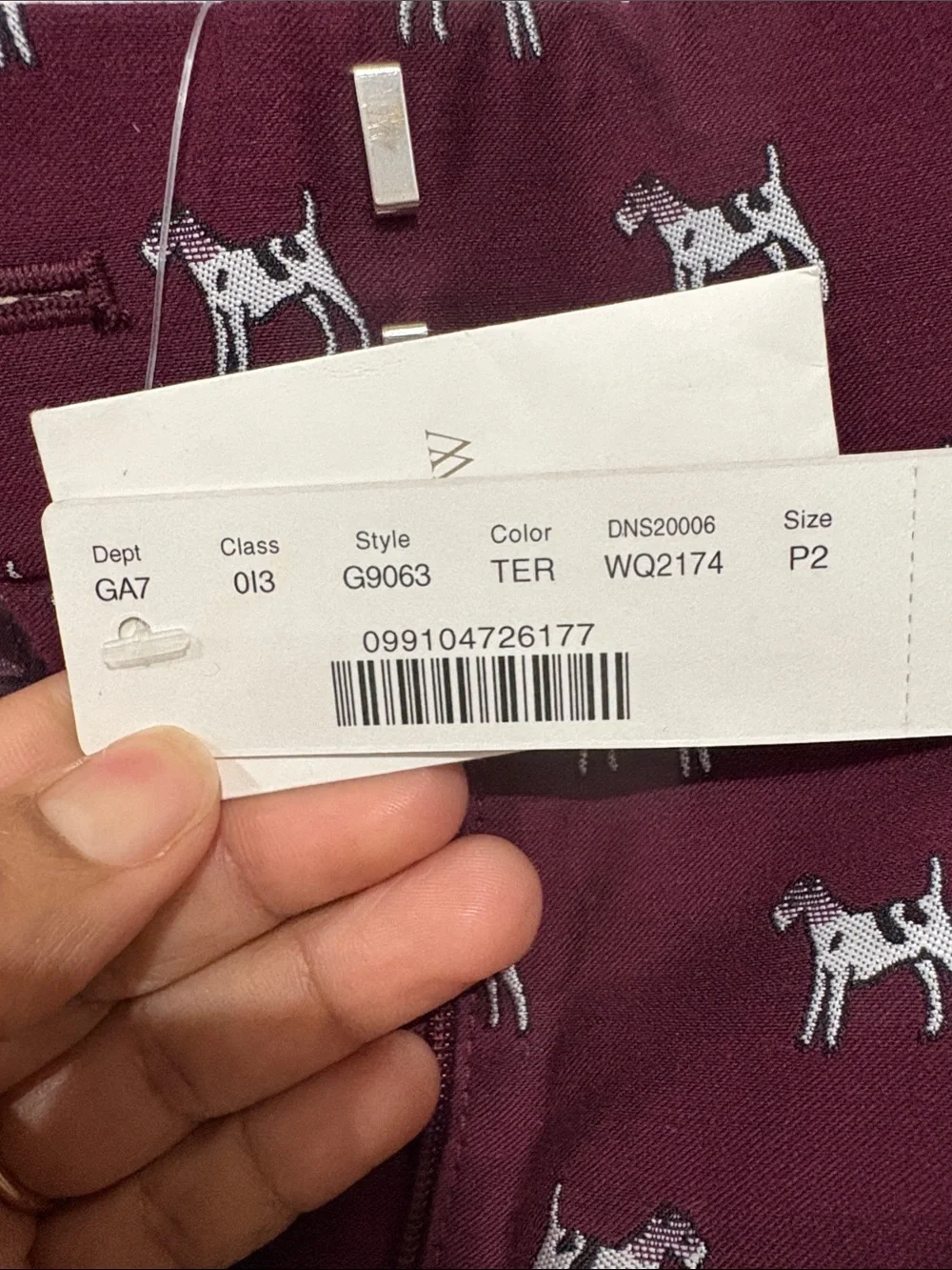 J. Crew Burgundy Ankle Pants with White Dog Print